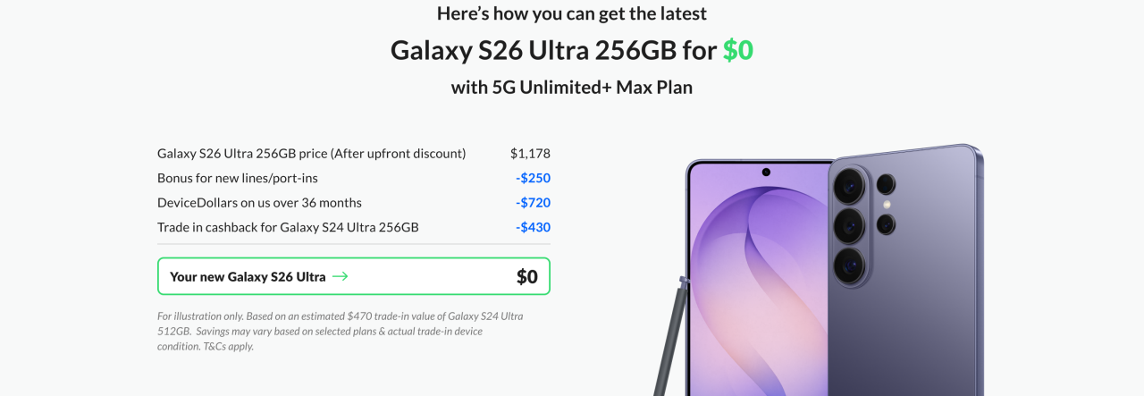 Galaxy S26 Ultra 256GB for $0 calculation